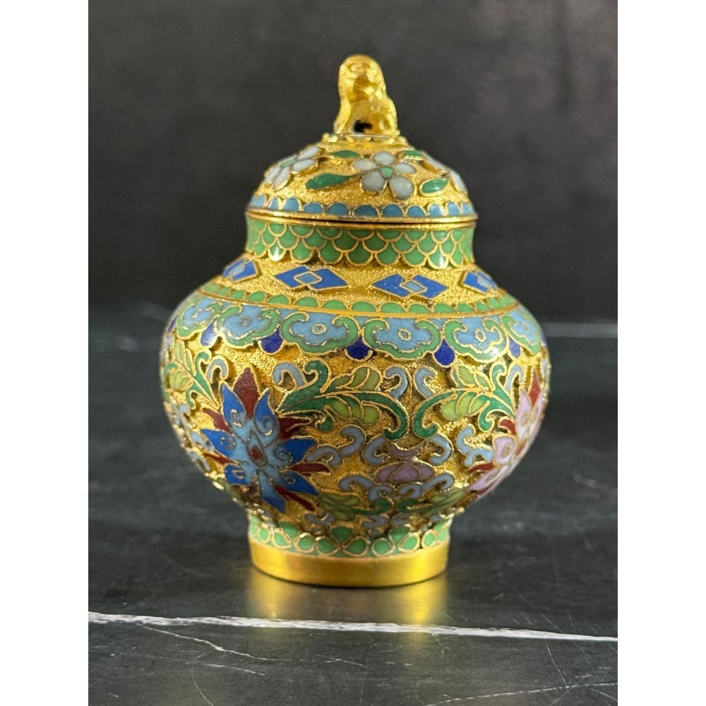 Vintage Cloisonné Enameled Blue Floral 3.25in Ginger Jar with Lion on Lid